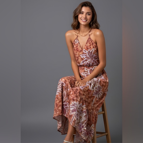 Tropical Print Ruffle Hem Tie Back Halter Dress - Picture 3 of 10